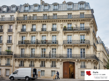 Immeuble haussmannien en copropriété à Paris avec un professionnel du débarras transportant des cartons.