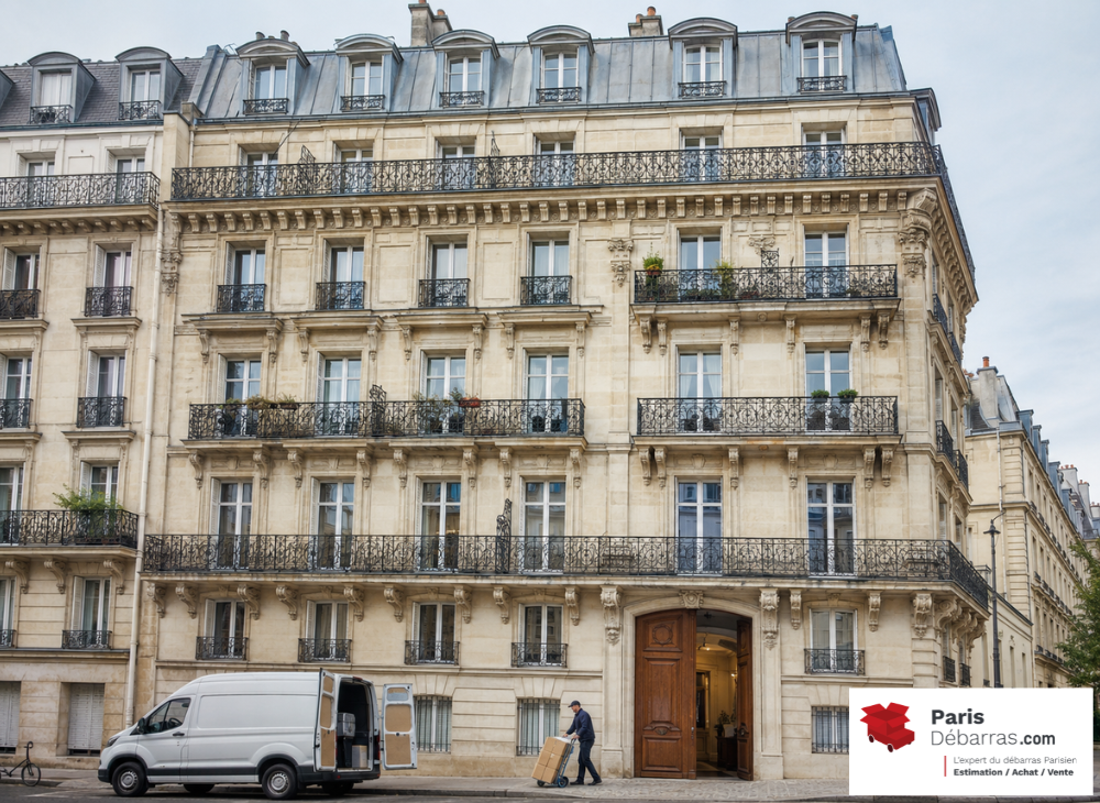 Immeuble haussmannien en copropriété à Paris avec un professionnel du débarras transportant des cartons.